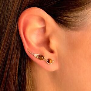 Tiger Eye Ear Climbers in 14K Gold, Unique Handmade Vine Design, Gemstone